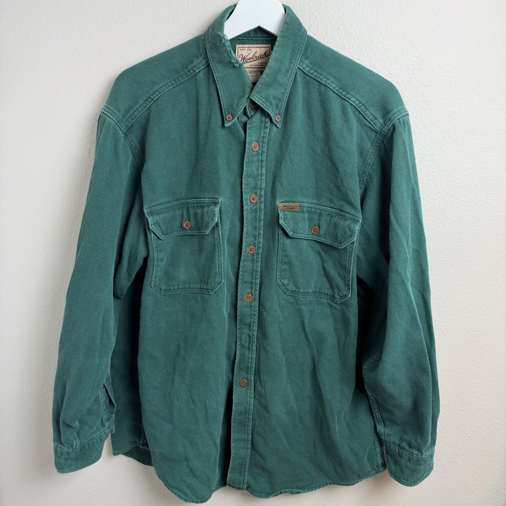 Woolrich Rugged Outdoorwear Corduroy Shirt Large Green Made in USA Flaw